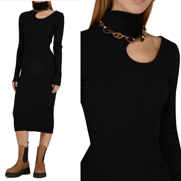 ANINE BING Size XS NWT Victoria Black Ribbed Midi Cutout Sweater Dress Cut Out - Picture 3 of 14